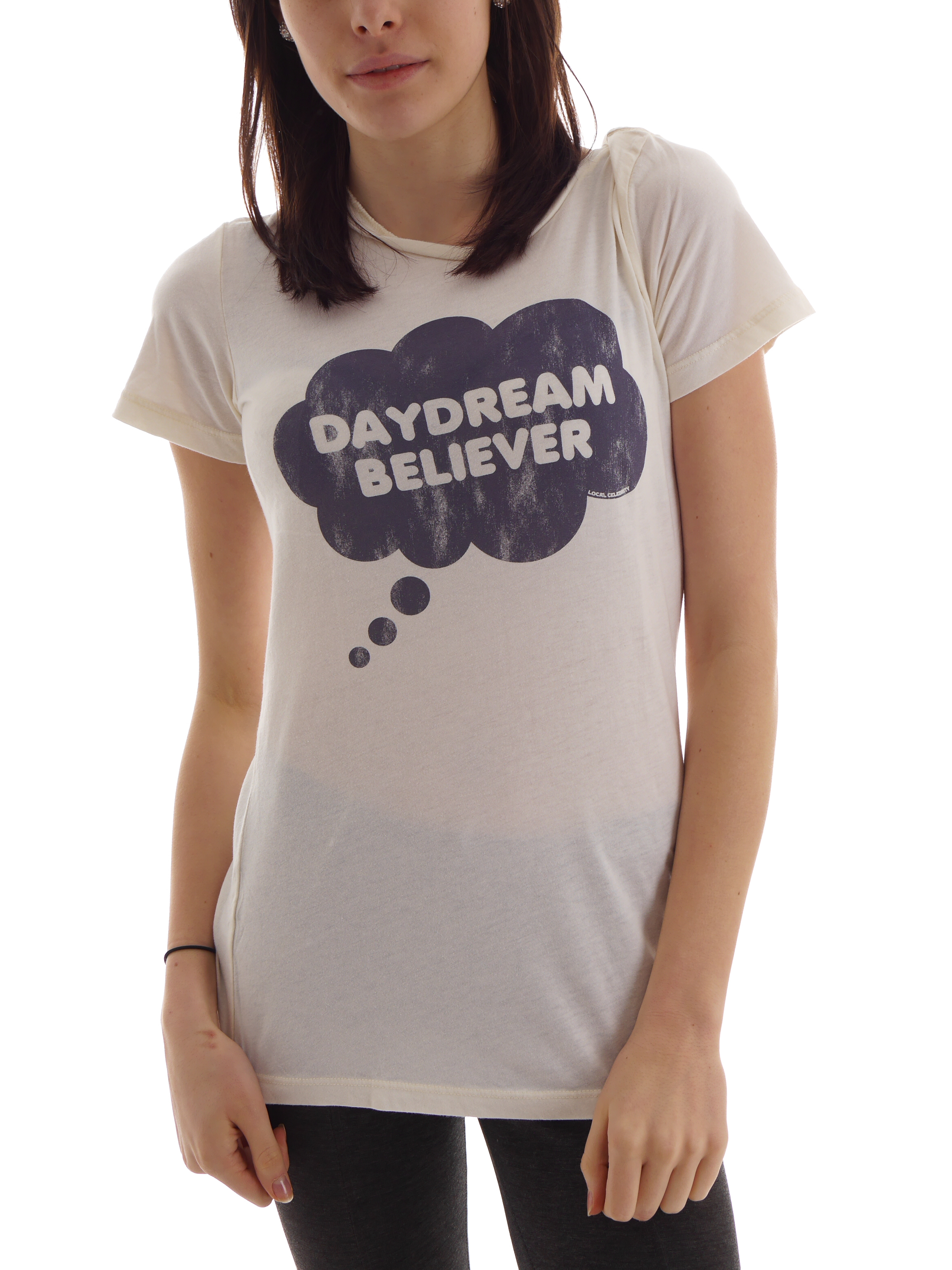 Local CELEBRITY T-Shirt Top Daydream Believer Beige Print Short Sleeve